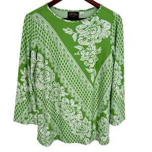 Bob Mackie Sz Small Wearable Art Green Stretchy Blouse Shirt Top Unique Floral